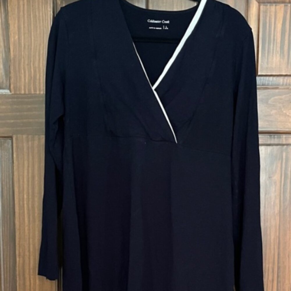 Coldwater Creek Navy White Cross Over Long Sleeve Tunic Top
